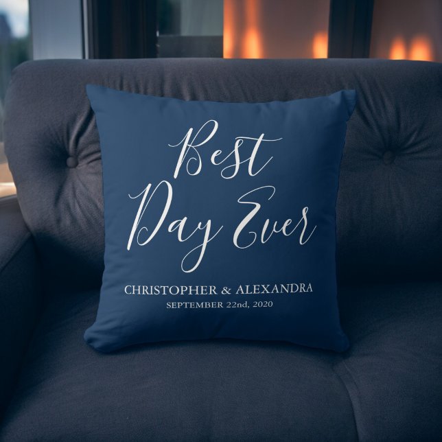 Best Day Ever Rose Navy Blue Wedding Cushion (Creator Uploaded)