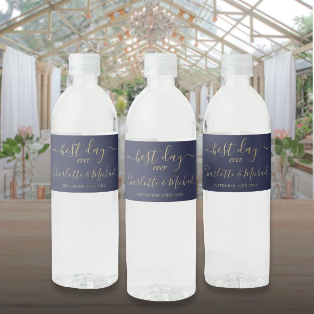 Best Day Ever Script Navy Blue And Gold Wedding Water Bottle Label (Best Day Ever Script Navy Blue And Gold Wedding Water Bottle Label)