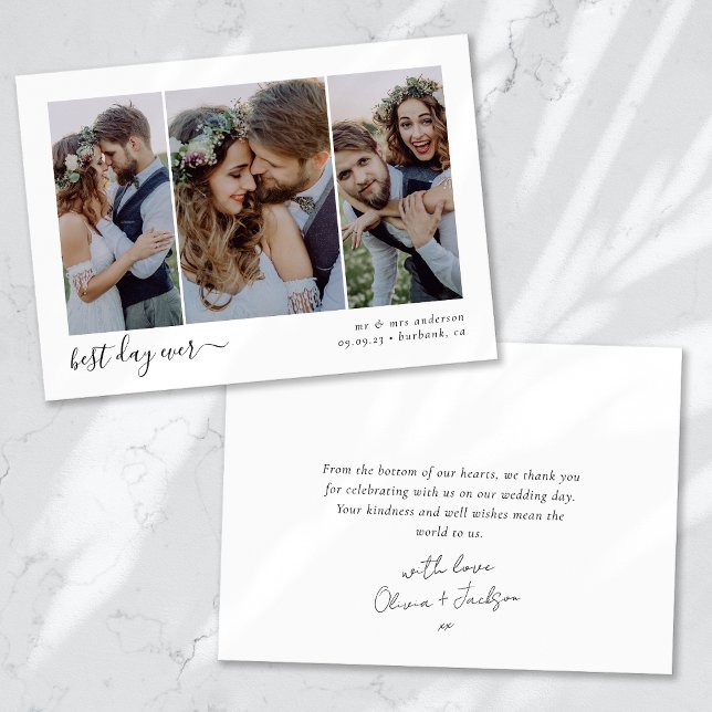 Best Day Ever Script Triptych Photo Wedding Thank You Card (Creator Uploaded)
