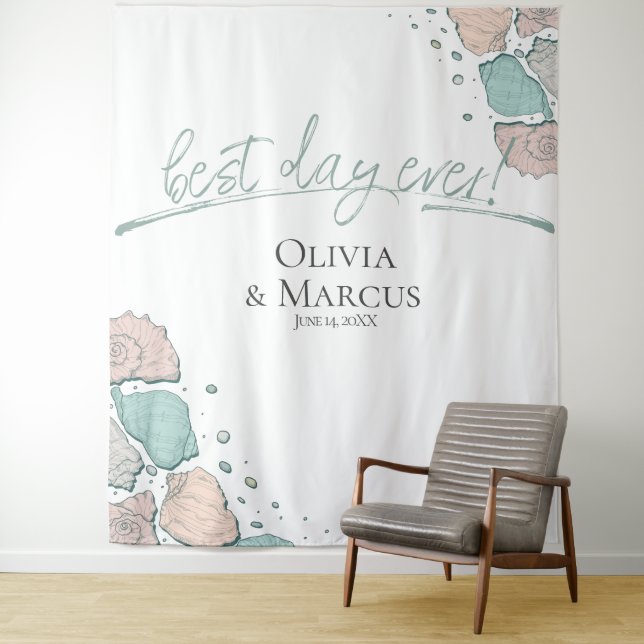 Best Day Ever Seashell Coral Photo Backdrop Tapestry (In Situ)