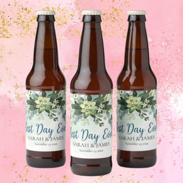 Best Day Ever Succulent Wedding Floral Botanical  Beer Bottle Label (Elevate your wedding with our Soft Green Succulent beer bottle label, featuring beautiful botanical )