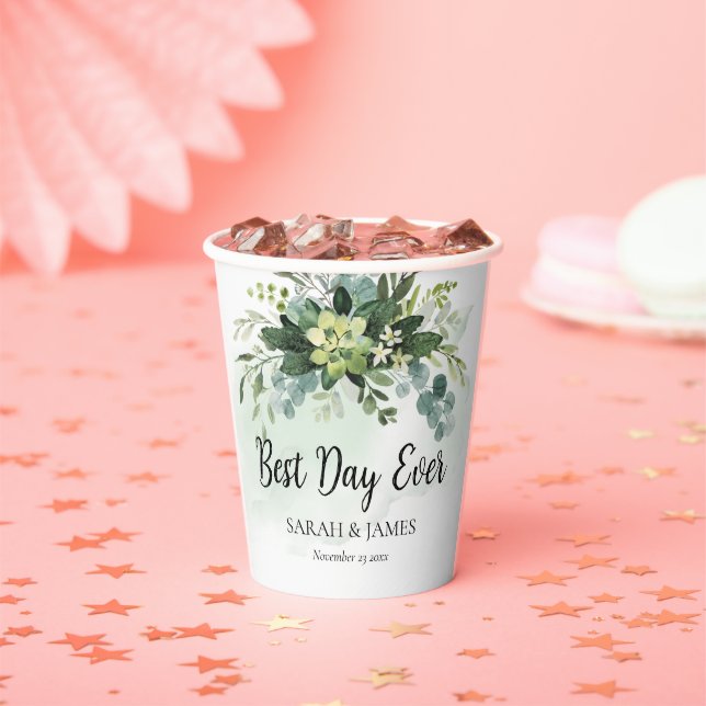 Best Day Ever Succulent Wedding Floral Botanical Paper Cups (Insitu)