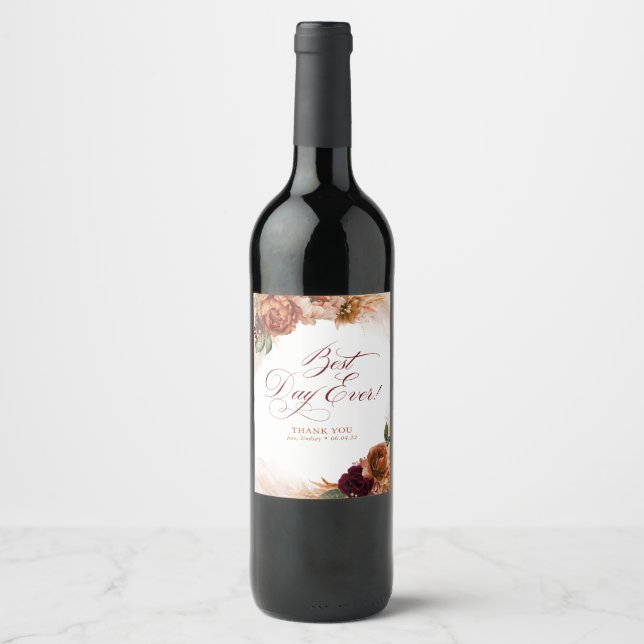 Best Day Ever Terracotta Floral Wedding Favours Wine Label (Front)