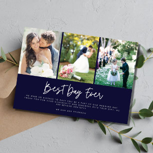 Best Day Every Navy Three Photo Wedding Thank You Card