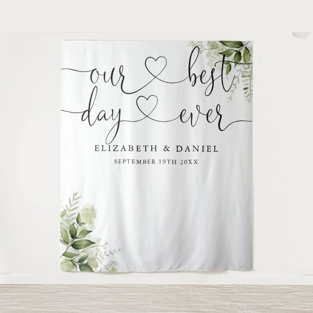 Best Day Script Greenery Wedding Photo Backdrop Tapestry (Front)