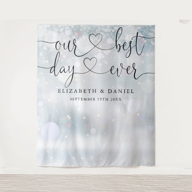 Best Day Script Winter Wedding Photo Backdrop Tapestry (Front)