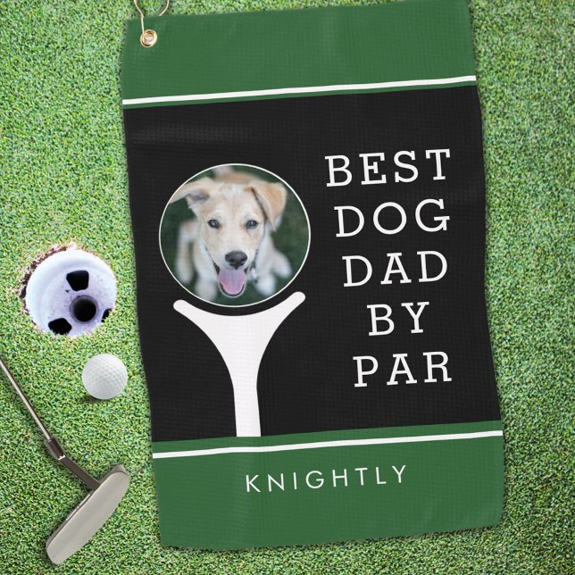 BEST DOG DAD BY PAR Photo Personalised Black Green Golf Towel (Creator Uploaded)