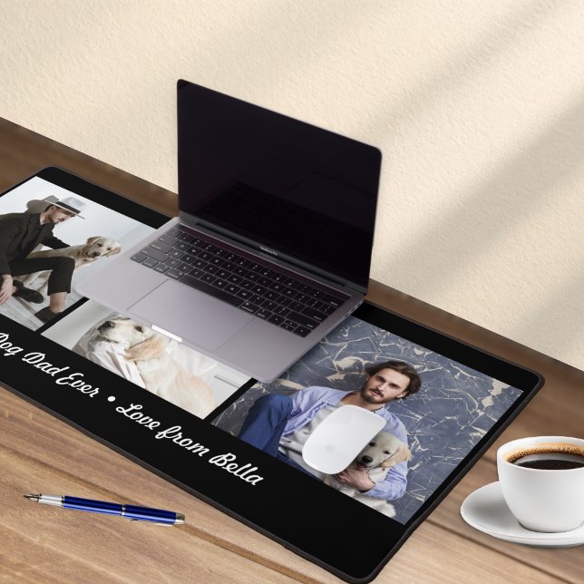 Best Dog Dad Ever Custom 3 Photo Collage Desk Mat (A desk mat for the "Best Dog Dad Ever" in black with three custom photos and script typography)