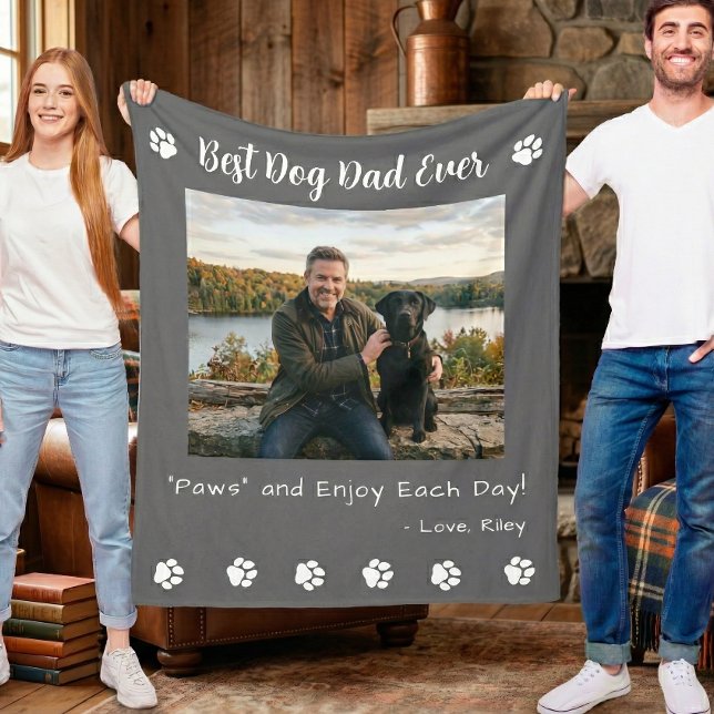 Best Dog Dad Paws Gray Pet Photo Fleece Blanket (Creator Uploaded)
