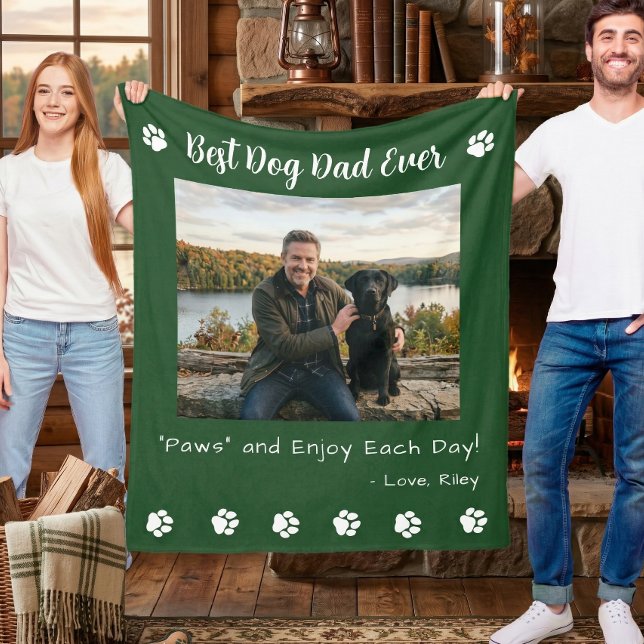 Best Dog Dad Paws Green Pet Photo Fleece Blanket (Creator Uploaded)