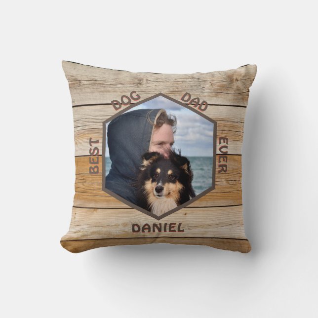 Best Dog Dad Rustic Wood Custom Photo Cushion (Front)