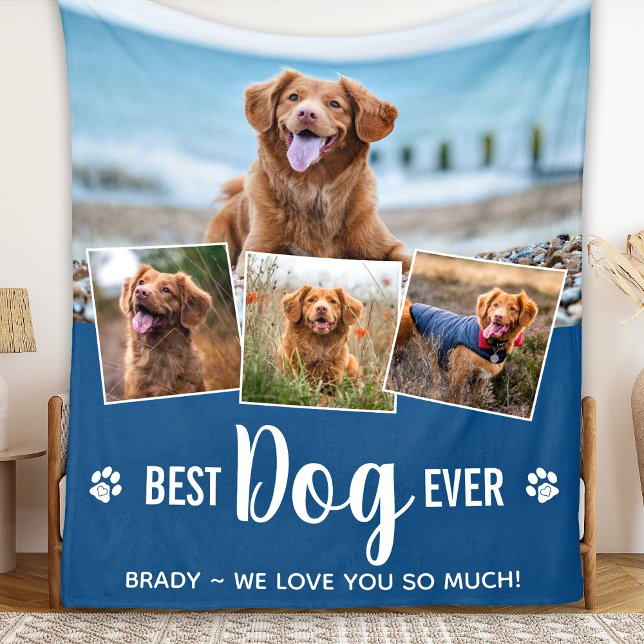 Best Dog Ever Modern Blue Photo Collage Fleece Blanket (Creator Uploaded)