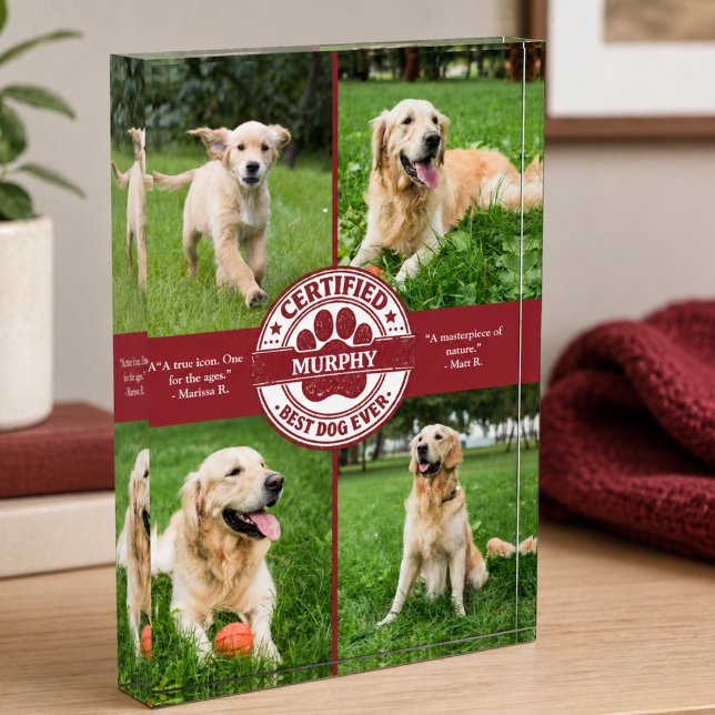 Best Dog Ever Photo Collage Block (cute fun funny whimsical certified best dog ever review 4 custom pet photo collage red photo block )