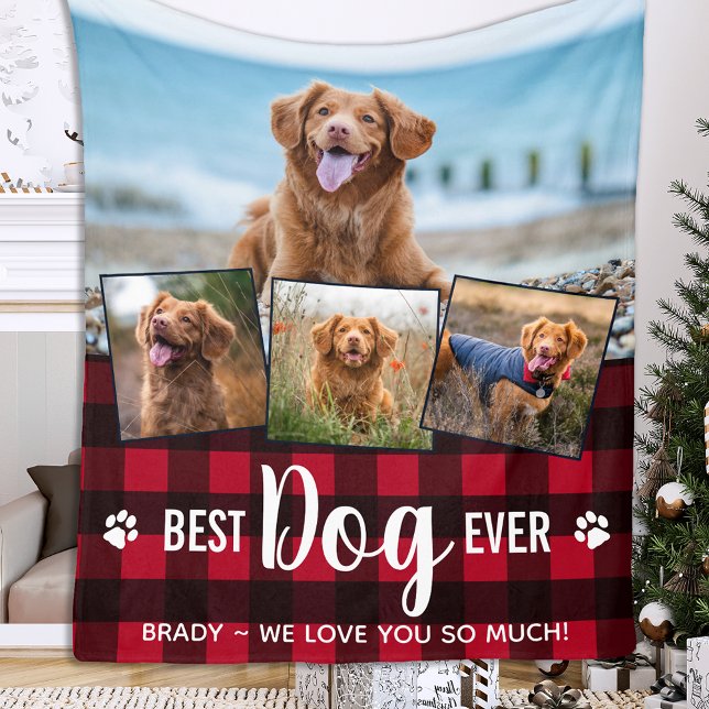 Best Dog Ever Red Buffalo Plaid Photo Collage Fleece Blanket (Creator Uploaded)