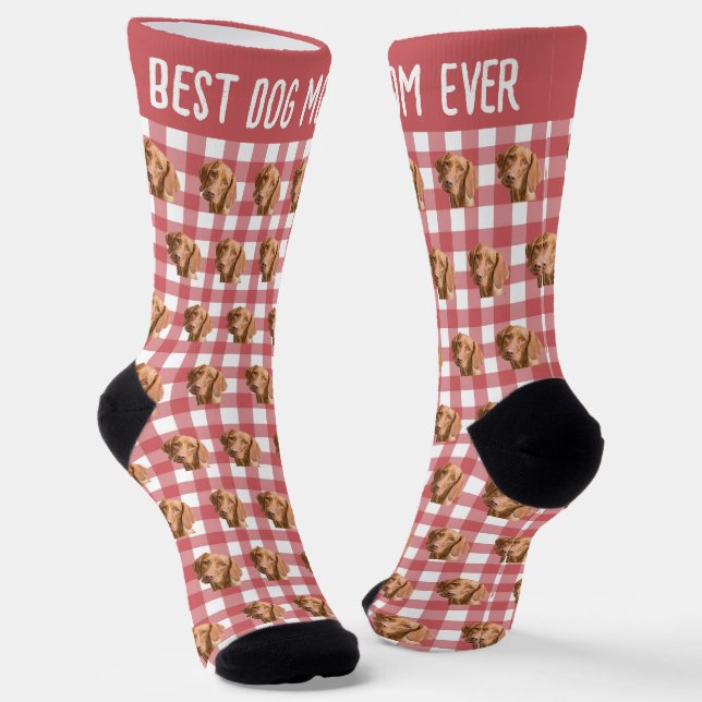 Best Dog Mom Ever Pet Photo on Red Gingham Plaid  Socks (Angled)