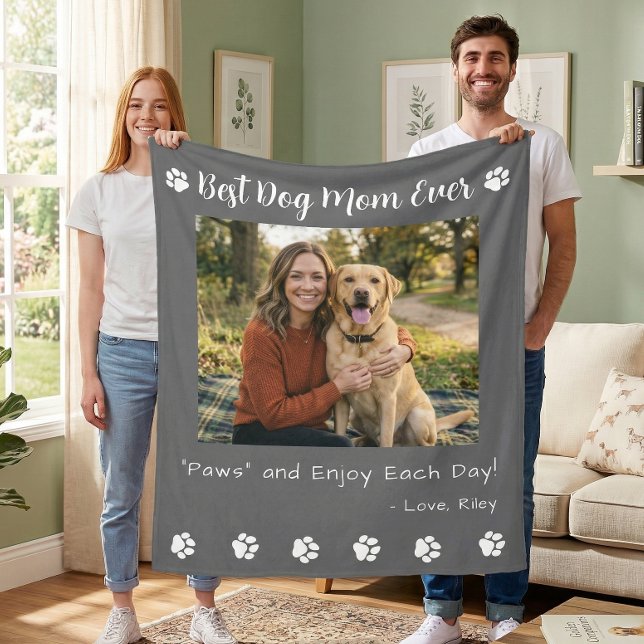 Best Dog Mom Paws Gray Pet Photo Fleece Blanket (Creator Uploaded)