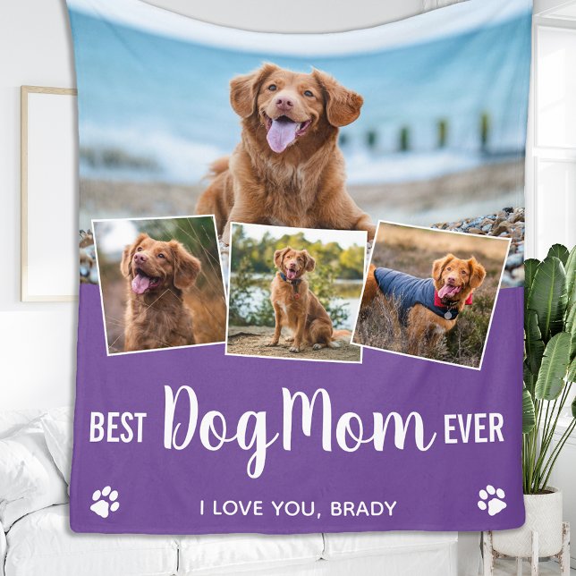 Best Dog Mum Custom 4 Photo Collage Purple Fleece Blanket (Creator Uploaded)