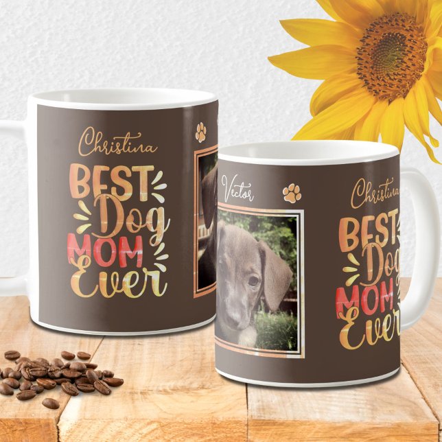 Best Dog Mum Ever Brown Custom Name Photo Coffee Mug (Creator Uploaded)