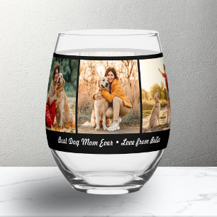 Best Dog Mum Ever Custom 3 Photo Collage Stemless Wine Glass