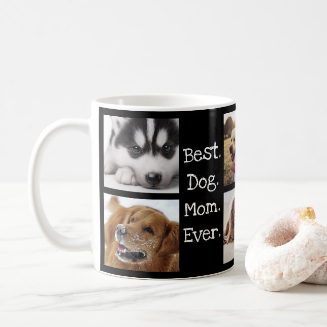 Best Dog Mum Ever Pet Photo Personalised Black Coffee Mug (With Donut)