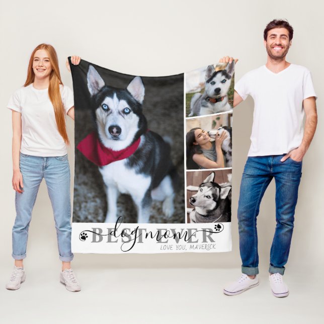 Best Dog Mum Ever Script 4 Photo Collage Pawprints Fleece Blanket (In Situ)