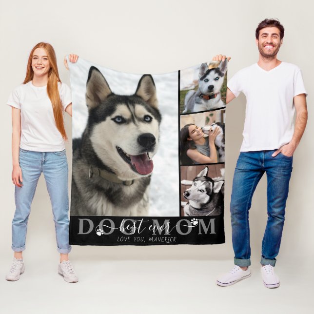 Best Dog Mum Ever Script Pawprints 4 Photo Black Fleece Blanket (In Situ)