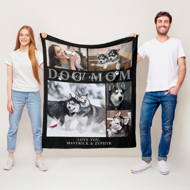 Best Dog Mum Ever Script Pawprints 5 Photo Black Fleece Blanket (In Situ)