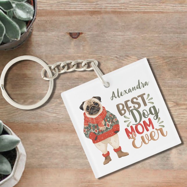 Best Dog Mum Ever Watercolor Pug Custom Key Ring (Creator Uploaded)