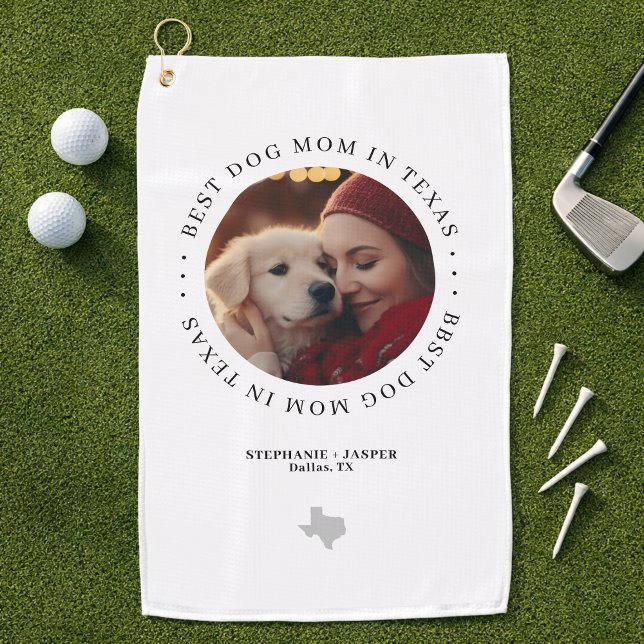 Best Dog Mum in Texas Personalised Photo Golf Towel (Personalize with photo, names (dog mom & dog), city / location)