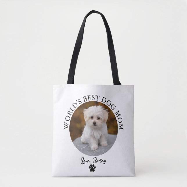 Best Dog Mum Paw Print Custom Pet Photo Tote Bag (Front)