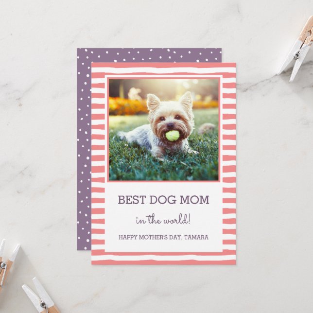 Best Dog Mum Striped | Coral | Photo Mother's Day Card (Front/Back In Situ)
