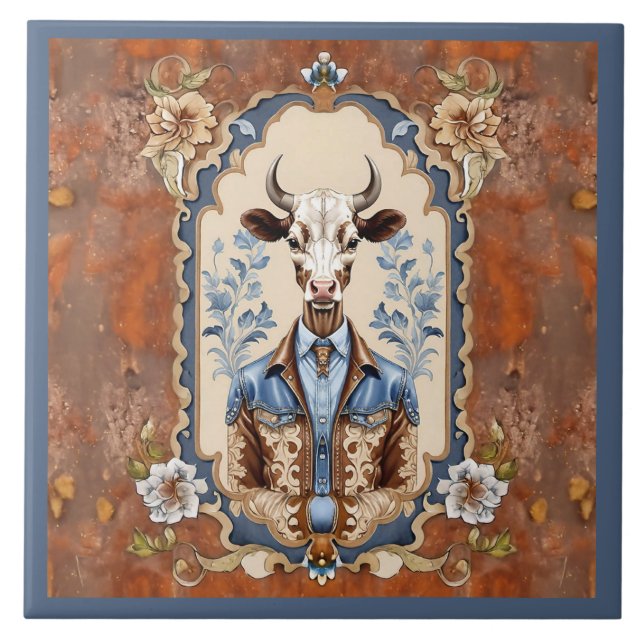 Best Dressed Cowboy Old Wild West Funny Cow Art Ceramic Tile (Front)