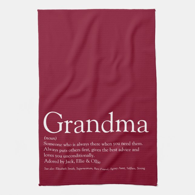 Best Ever Grandma Grandmother Definition Burgundy Tea Towel (Vertical)