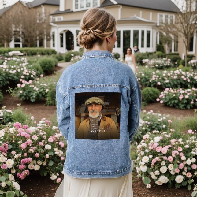 Best Ever Grandpa Since 20XX Simple Elegant Photo Denim Jacket (Wedding Back)