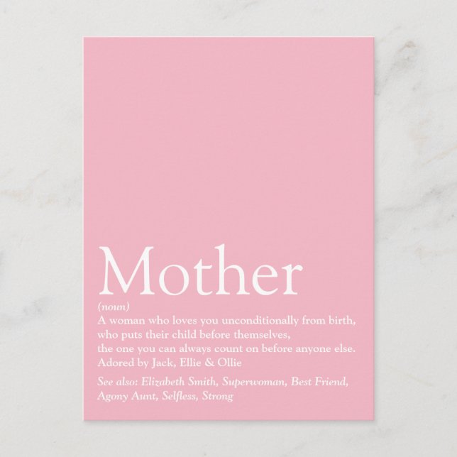 Best Ever Mom, Mum, Mother Definition Pink Postcard (Front)