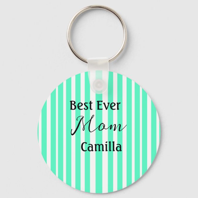 Best ever mum green stripped pattern pastel neon  key ring (Front)