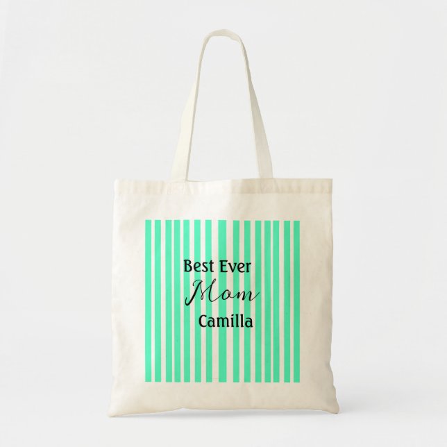 Best ever mum green stripped pattern pastel neon  tote bag (Front)