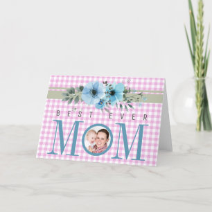 Best Ever Mum Photo Pink Chequered Blue Flowers Thank You Card