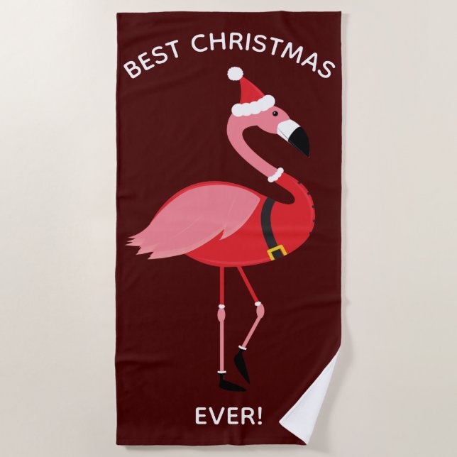 Best Ever Pink Flamingo Santa Burgundy Christmas Beach Towel (Front)