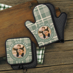 Best Father Ever Custom Family Photo Plaid Dad Oven Mitt & Pot Holder Set