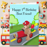 Best Friend 1st Birthday Teddy Bear Firetruck Card<br><div class="desc">This adorable teddy bear,  riding a bright red firetruck and proudly wearing his very first firefighter hat,  makes the perfect design to celebrate your best friend's special 1st birthday milestone.</div>