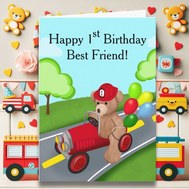 Best Friend 1st Birthday Teddy Bear Firetruck Card (Creator Uploaded)