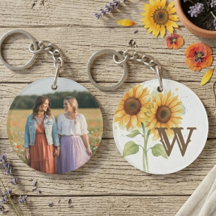 Best Friend Birthday Sunflower Monogram Photo Key Ring
