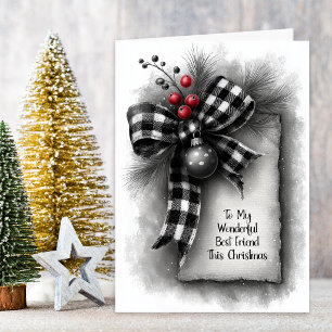 Best Friend Buffalo Plaid Bow Christmas Holiday Card