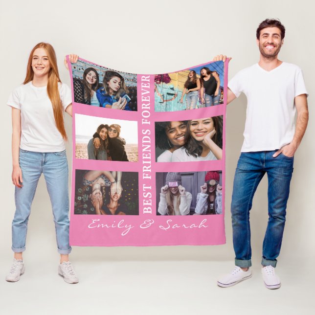 Best Friend Forever Custom 6 Photo collage & Name  Fleece Blanket (In Situ)