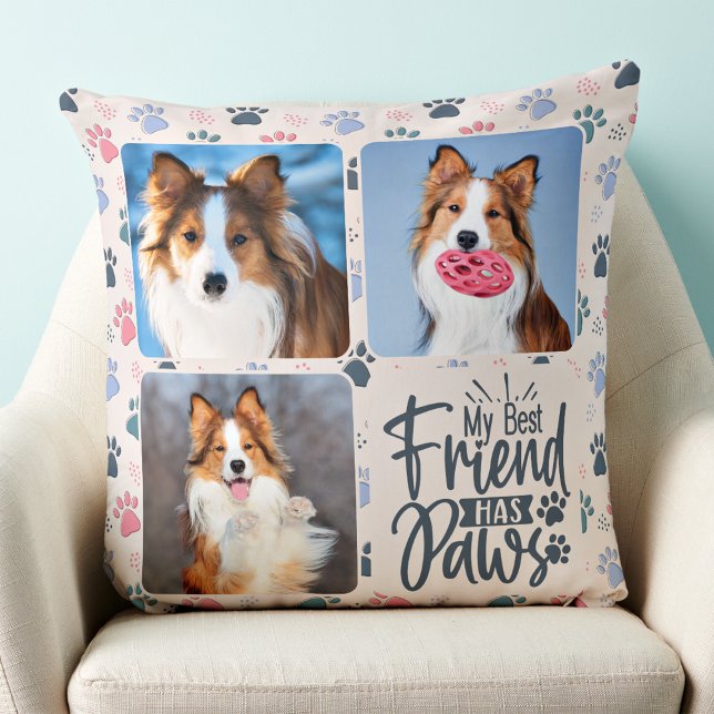 Best Friend Has Paws Custom 3 Photo Paw Print Dog  Cushion (Creator Uploaded)