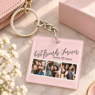 Best Friends 3 Photo Collage Keepsake Blush Pink Key Ring