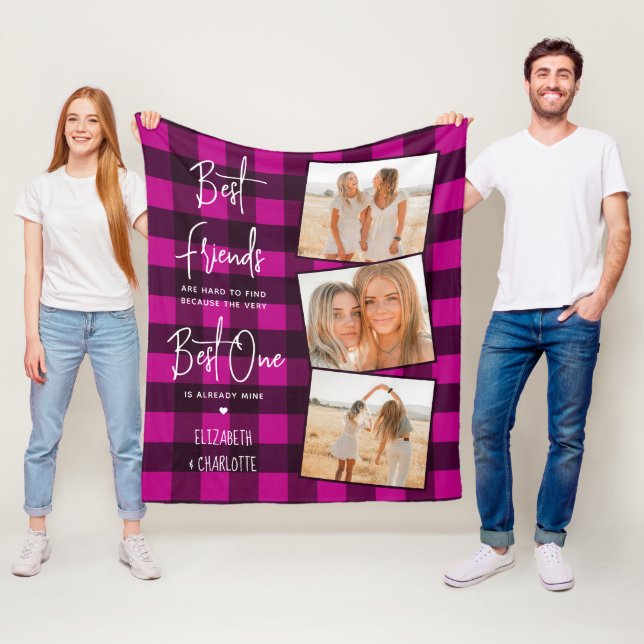 Best Friends 3 Photo Friendship Trendy Pink Plaid  Fleece Blanket (In Situ)