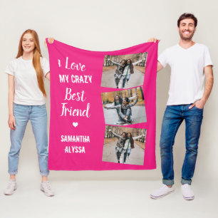 Best Friends 3 Photo Trendy Hot Pink Friendship Fleece Blanket