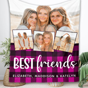 Best Friends 4 Photo Collage Buffalo Plaid Pink Fl Fleece Blanket
